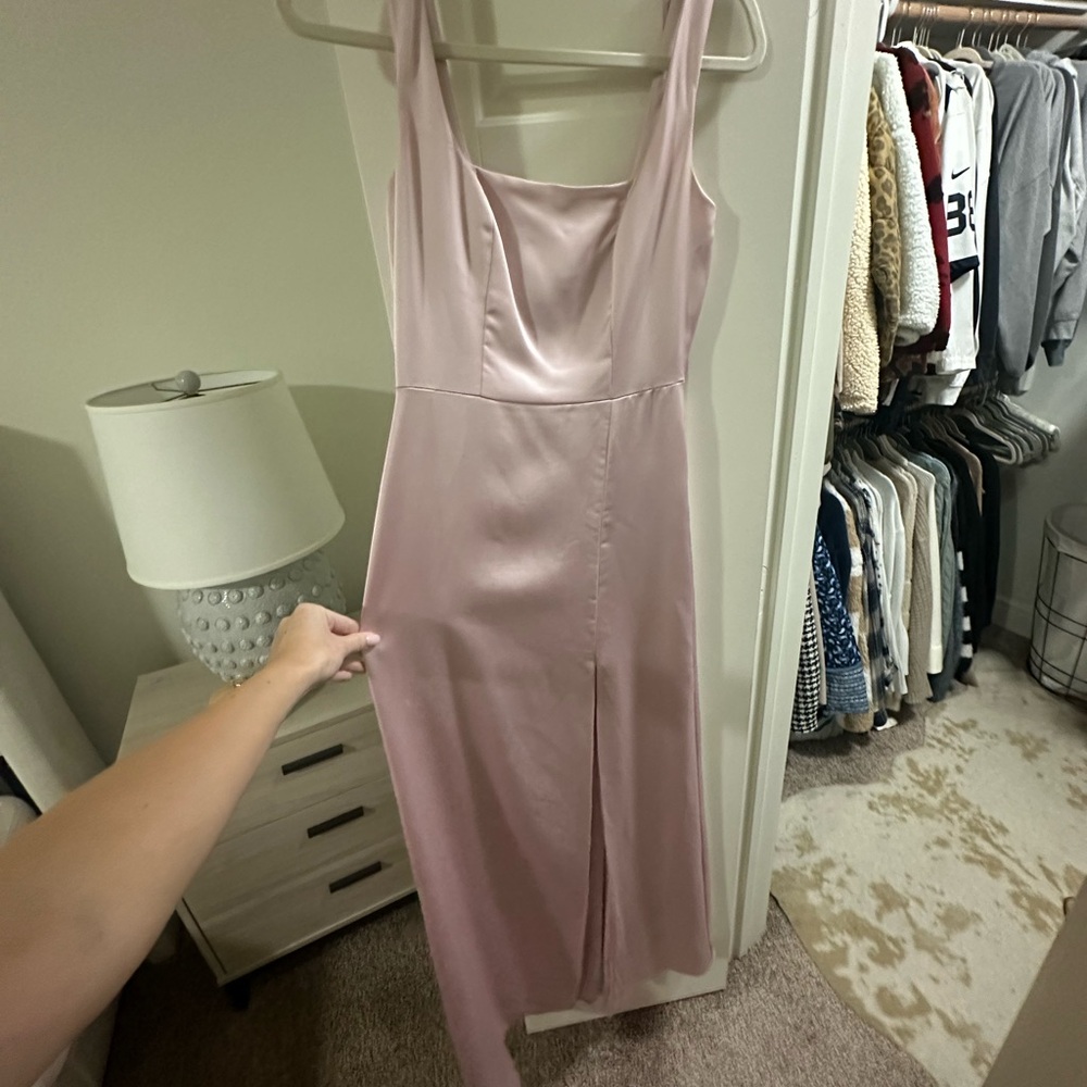 Dessy Collection Square Neckline Satin A-Line Maxi Dress with Front Slit in Pink